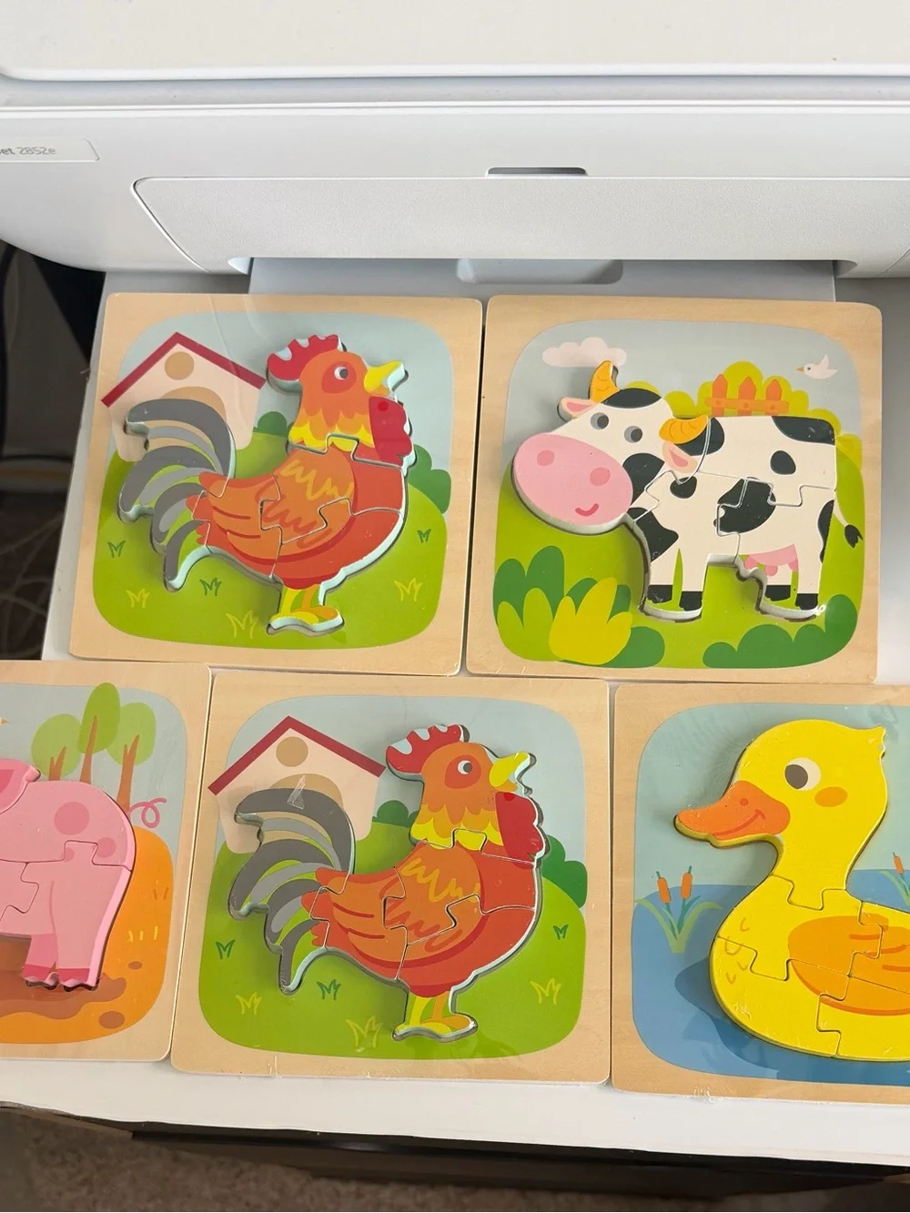 Wooden Farm Animal Puzzle Set - Colorful Kids Toys (Chicken, Cow, Duck, Pig)